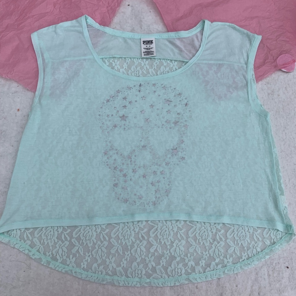VS Pink mint lace back sugar skull tee Sz M